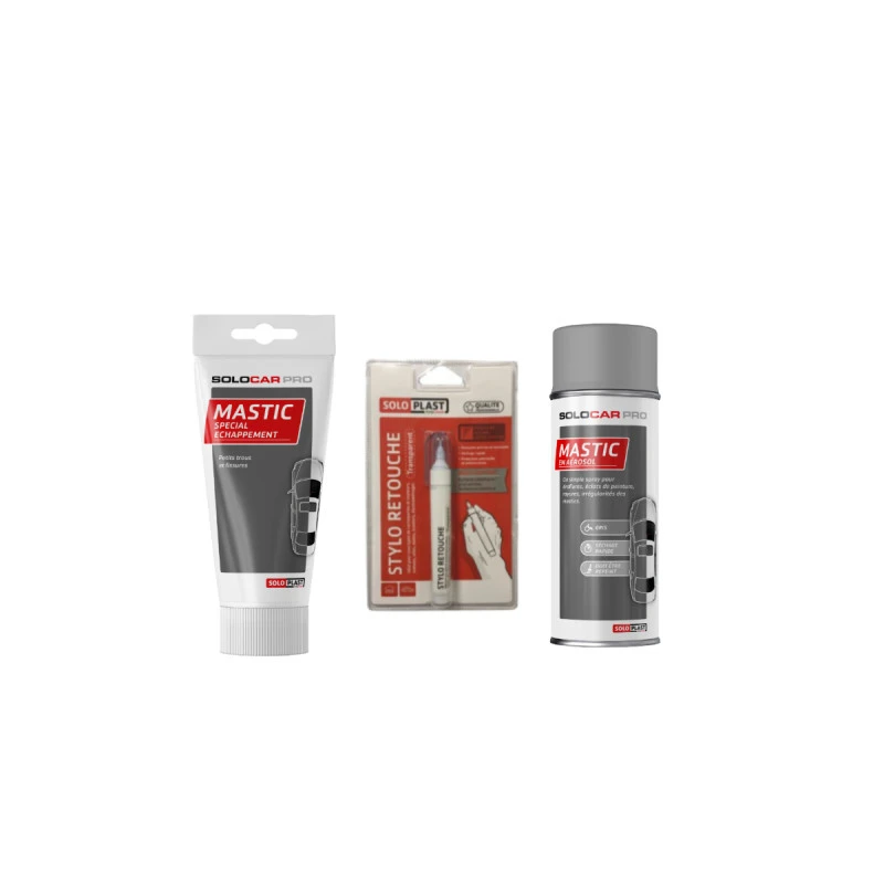 Pack Auto Solocar - Stylo De Retouche Carrosserie Transparent Pro 9ml - Mastic Pro Spécial échappement 250g - Mastic En Aérosol Solocar Pro 400ml 3 Pack Auto Solocar - Stylo De Retouche Carrosserie Transparent Pro 9ml - Mastic Pro Spécial échappement 250g - Mastic En Aérosol Solocar Pro 400ml