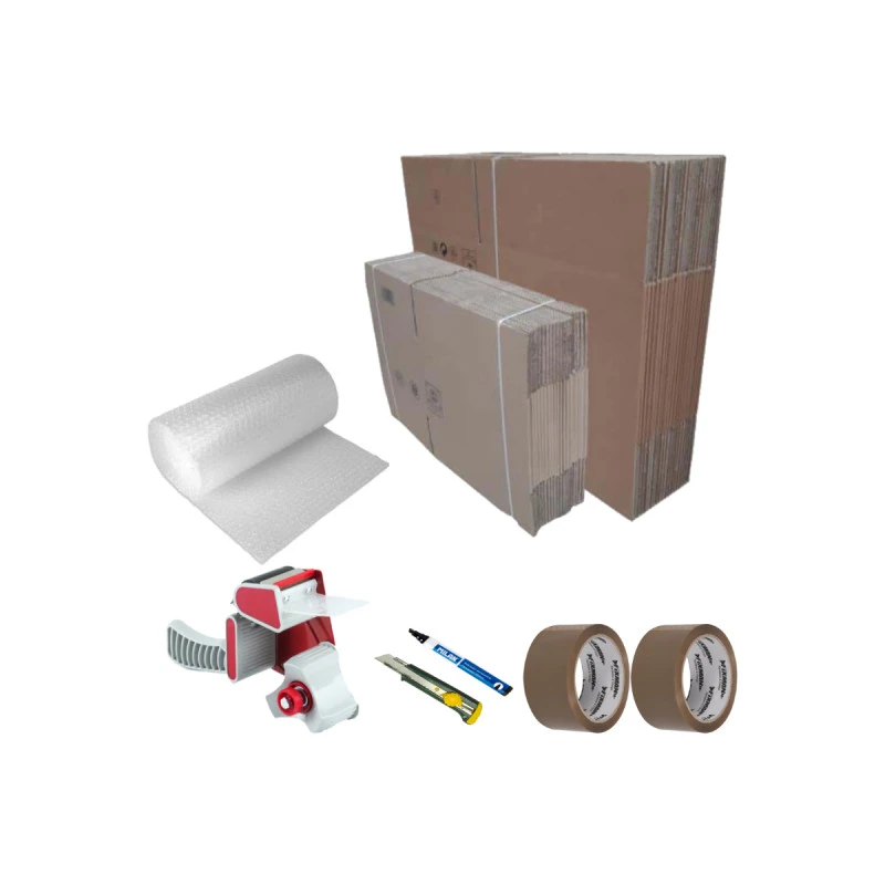 Pack Déménagement Basique - 40 Cartons - Cutter - Papier Bulle - Marqueur - Dévidoir - 2 Rubans Adhésifs 3 Pack Déménagement Basique - 40 Cartons - Cutter - Papier Bulle - Marqueur - Dévidoir - 2 Rubans Adhésifs
