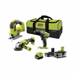 Pack RYOBI 18V One+ - Perceuse-visseuse - Meuleuse - Scie Sauteuse Pendulaire - 2 Batteries - 1 Chargeur Rapide R18CK3C-252S